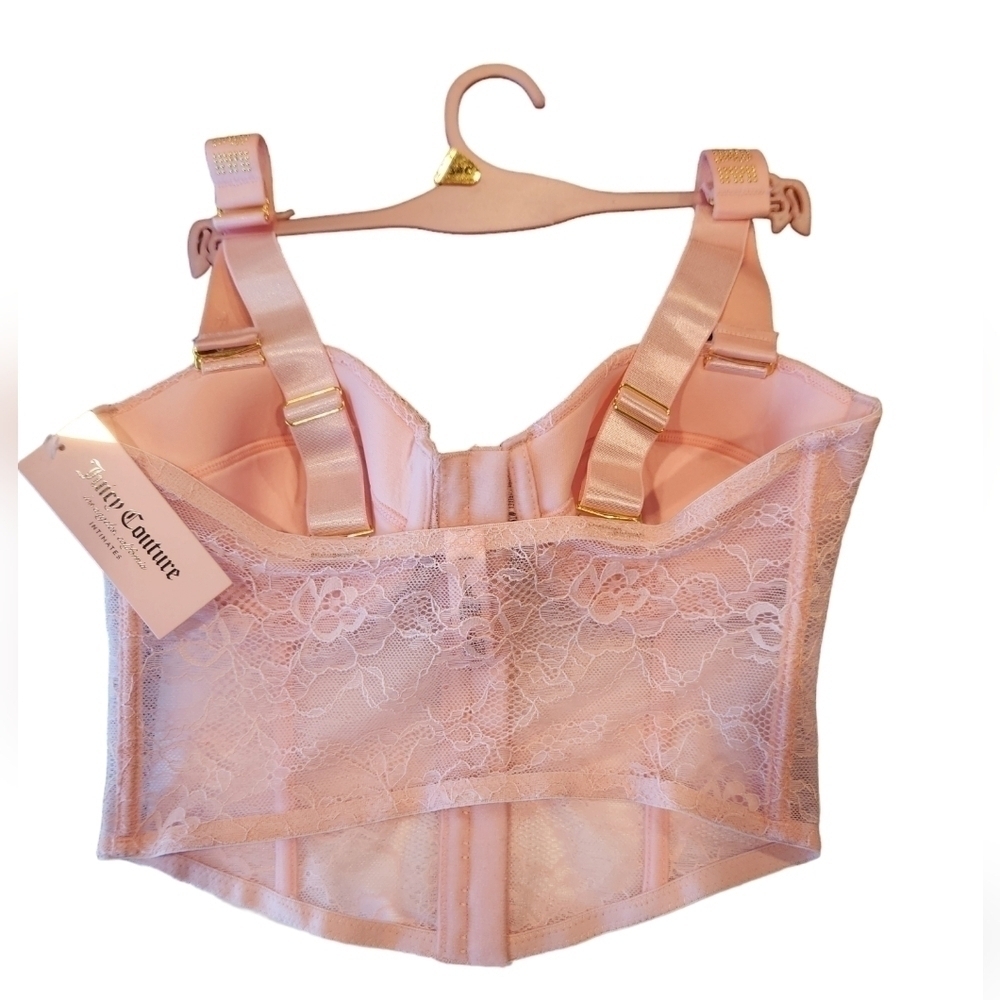Juicy Couture Pink Lace Bustier, Gold Studded Logo Straps, 34C, New With Tags - Picture 5 of 10